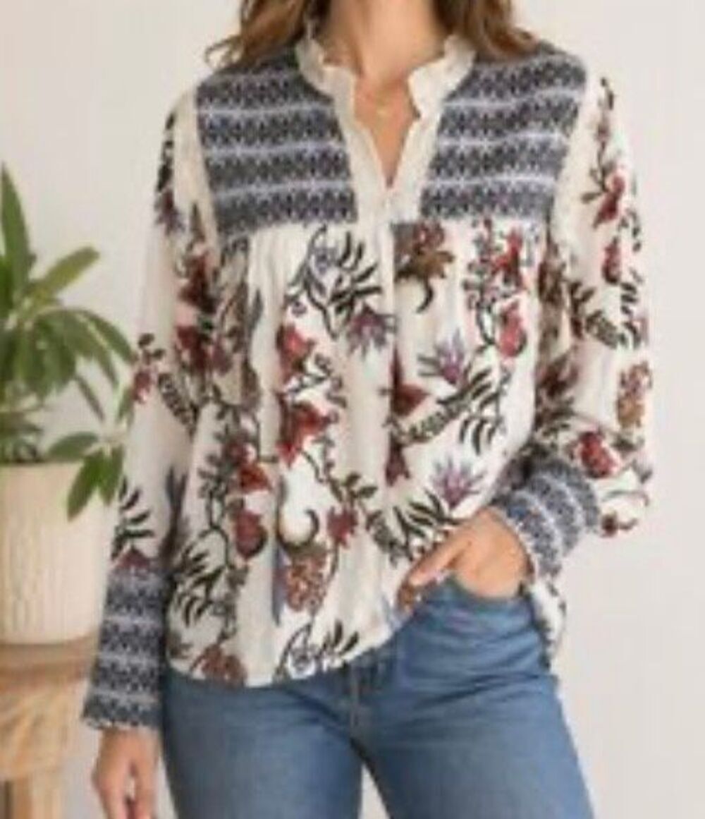 Loft women’s lace, trim, paisley, print, longsleeve, BoHo blouse, S